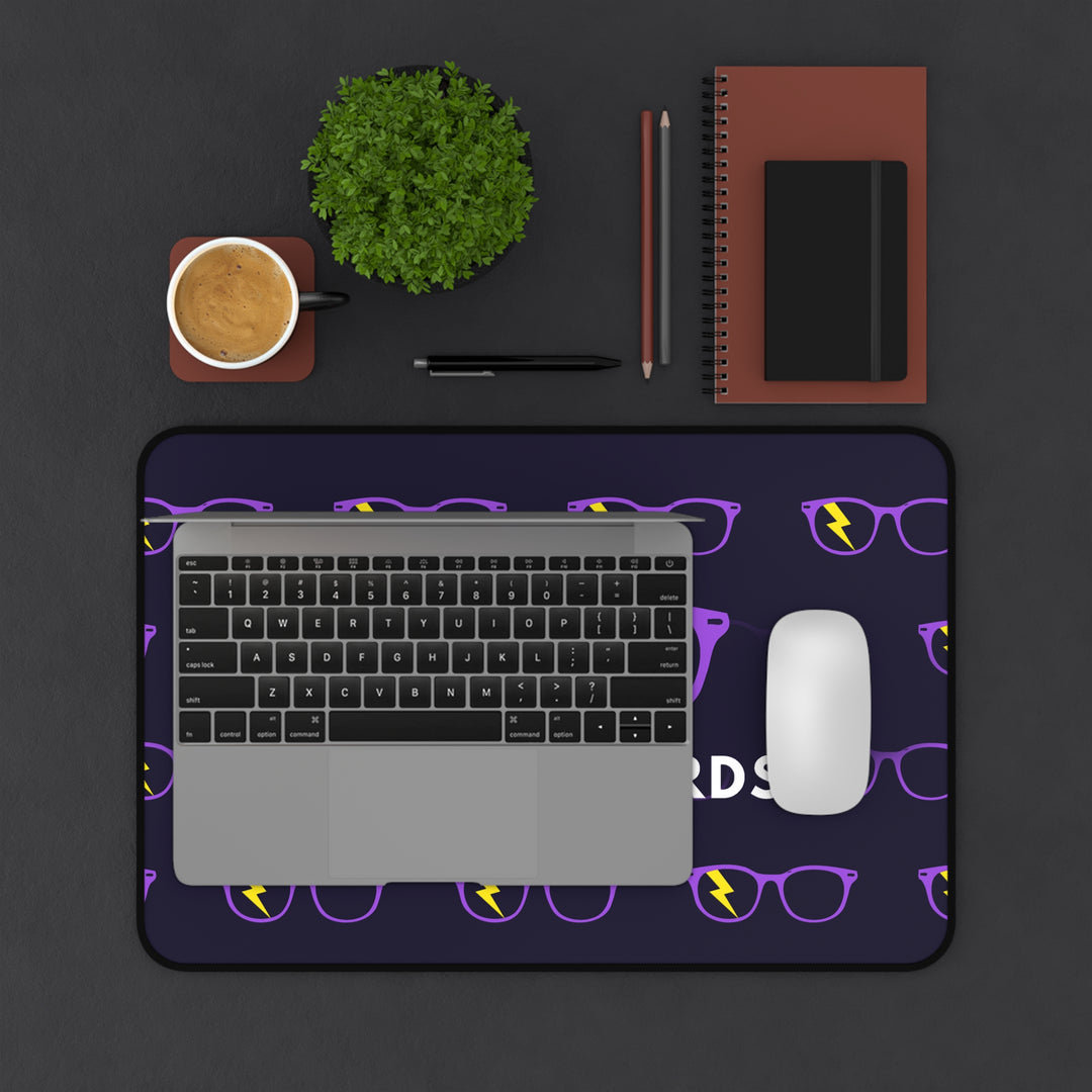 Purple/Yellow Glasses Pattern Desk Mat by Clan of Nerds