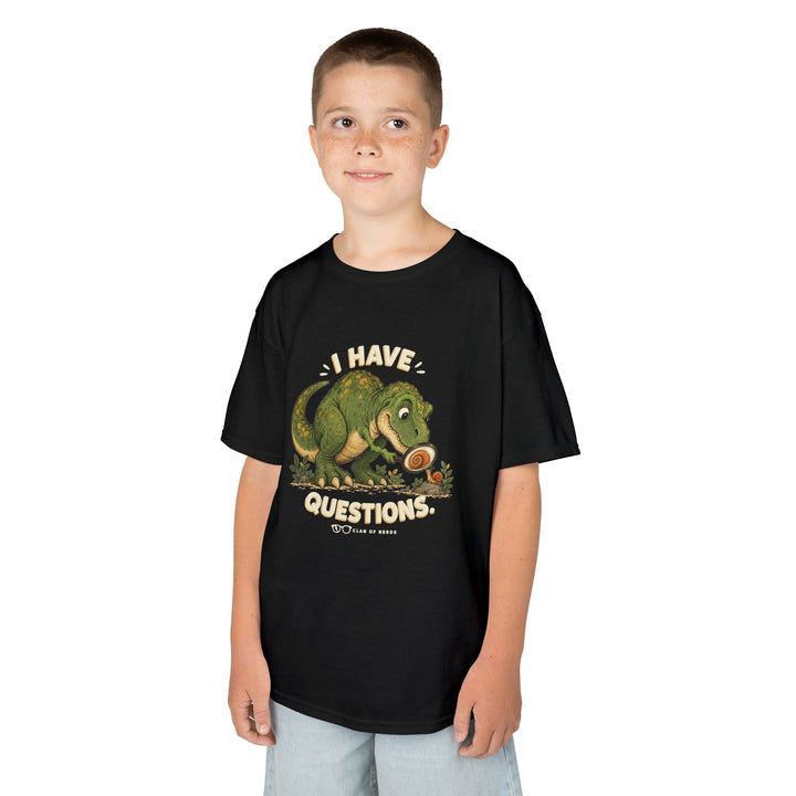I Have Questions Dinosaur Kids Tee by Clan of Nerds