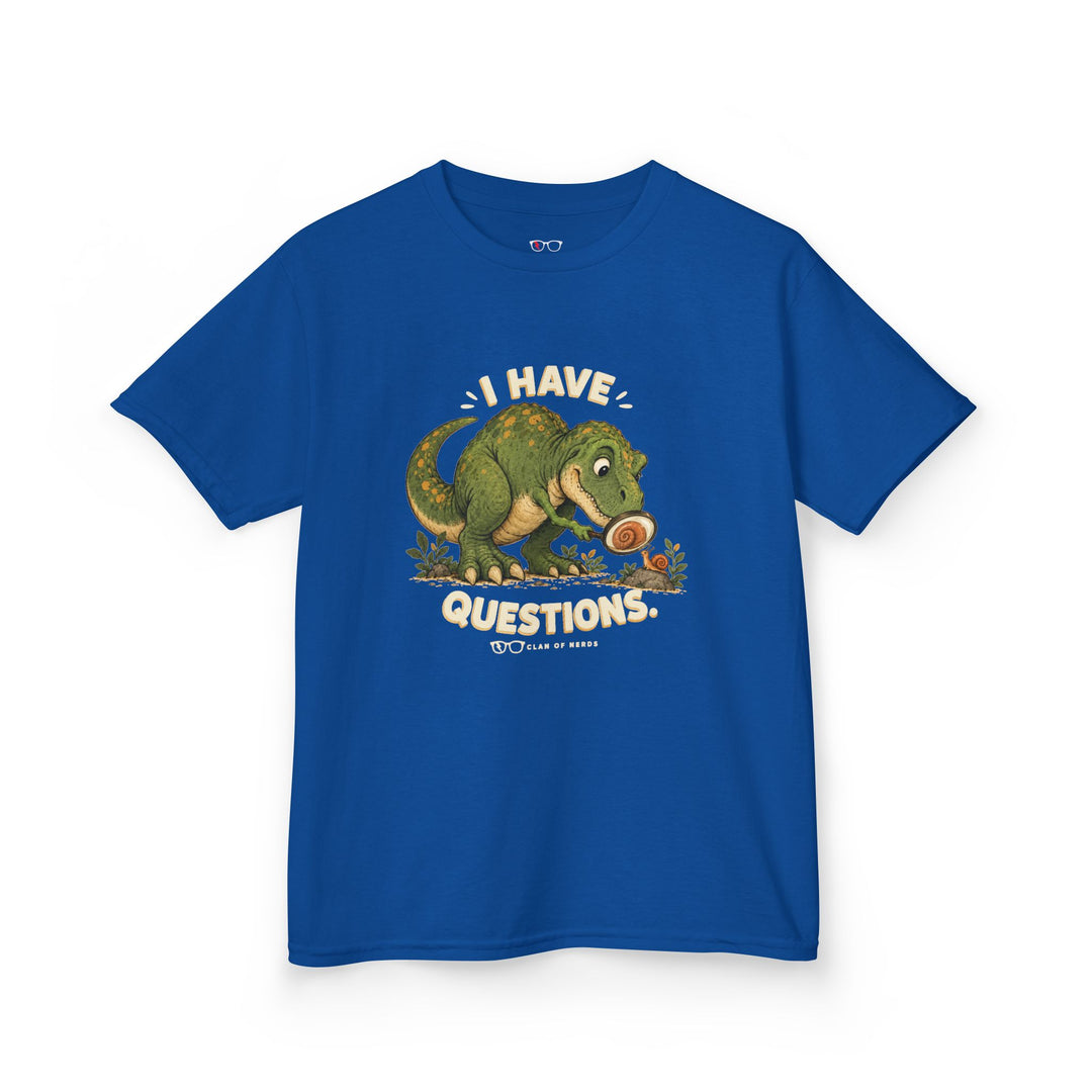 I Have Questions Dinosaur Kids Tee by Clan of Nerds