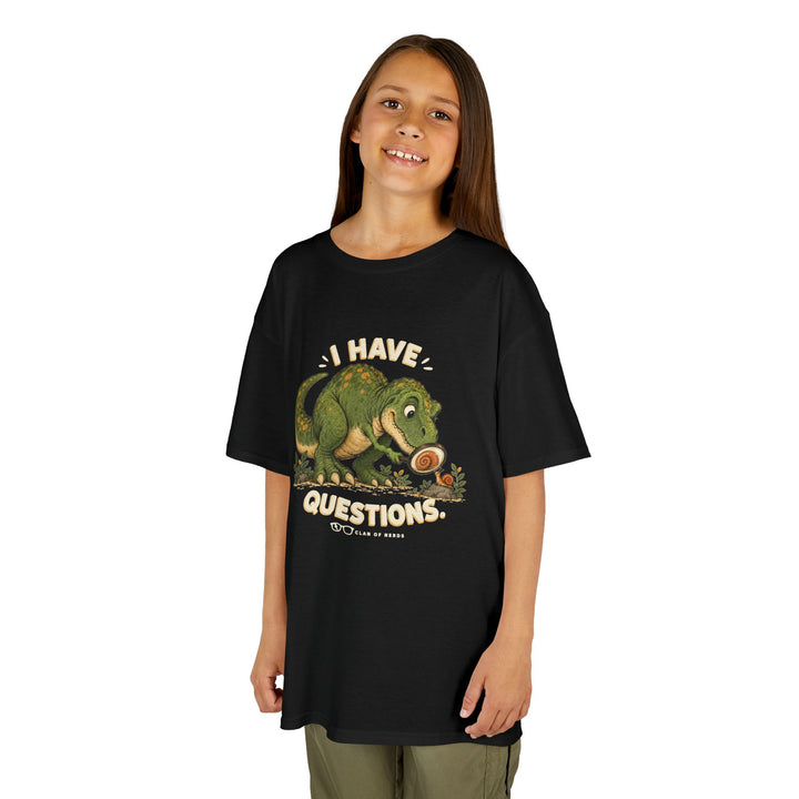 I Have Questions Dinosaur Kids Tee by Clan of Nerds