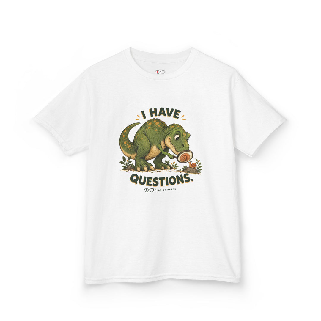 I Have Questions Dinosaur Kids Tee by Clan of Nerds