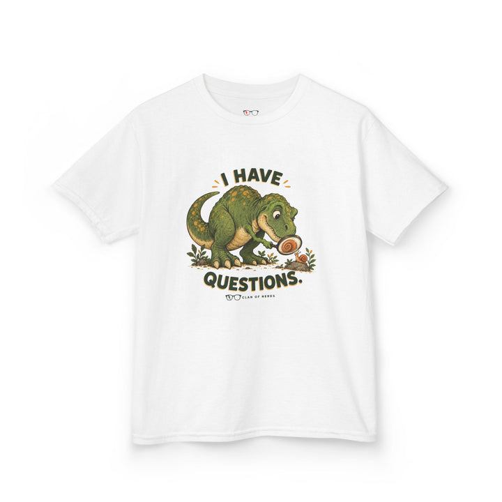 I Have Questions Dinosaur Kids Tee by Clan of Nerds