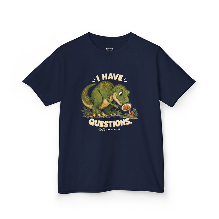 I Have Questions Dinosaur Kids Tee by Clan of Nerds