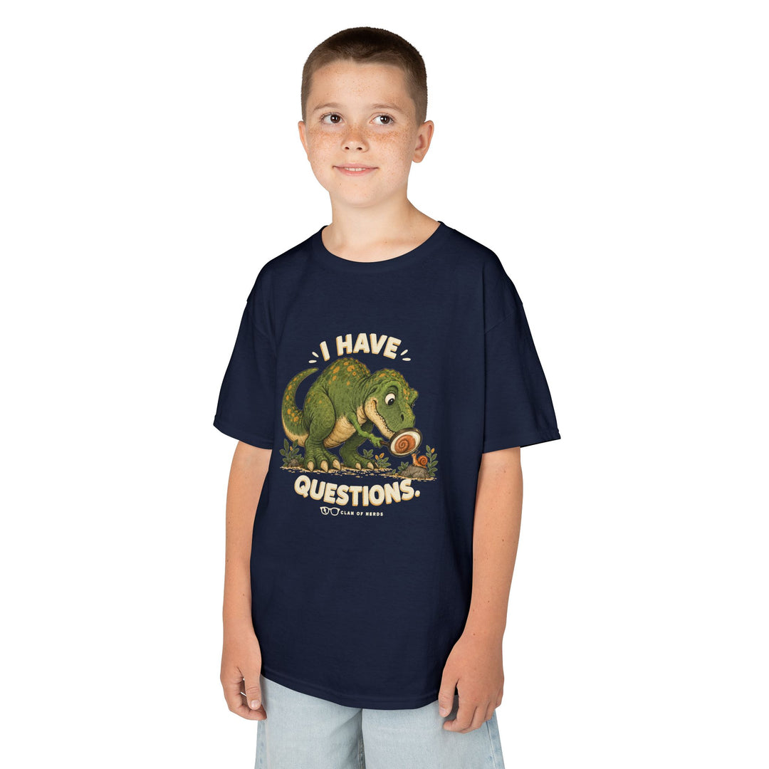 I Have Questions Dinosaur Kids Tee by Clan of Nerds