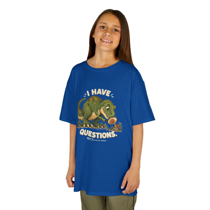 I Have Questions Dinosaur Kids Tee by Clan of Nerds