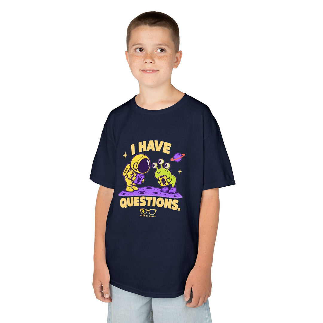 I Have Questions Astronaut Kids Tee by Clan of Nerds