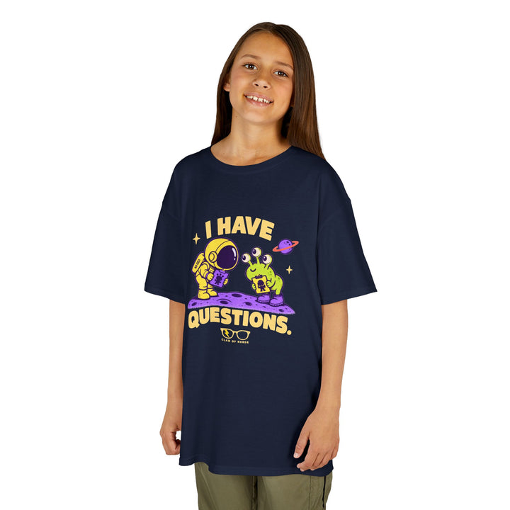 I Have Questions Astronaut Kids Tee by Clan of Nerds