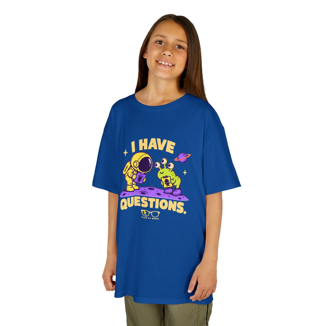 I Have Questions Astronaut Kids Tee by Clan of Nerds