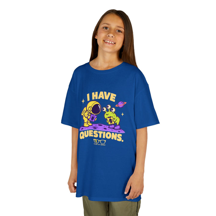 I Have Questions Astronaut Kids Tee by Clan of Nerds
