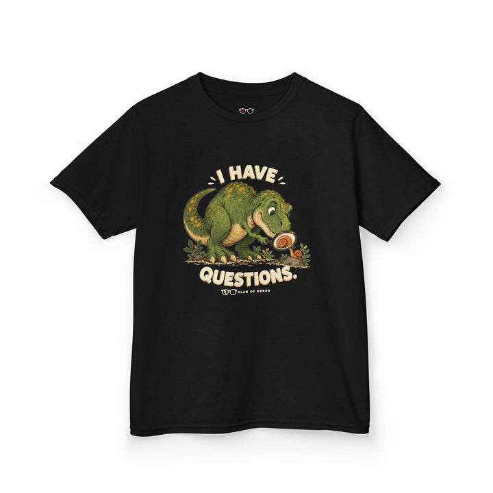 I Have Questions Dinosaur Kids Tee by Clan of Nerds