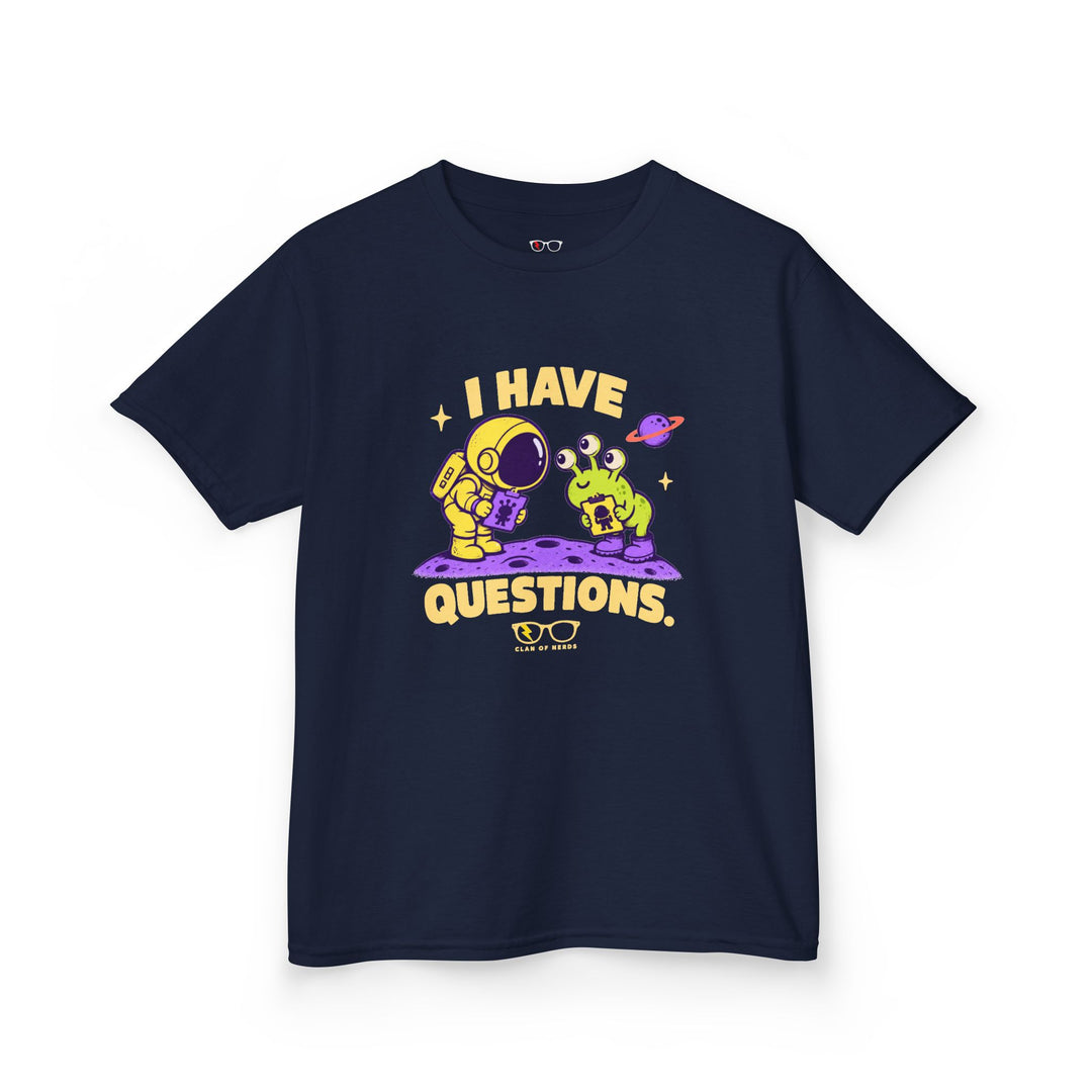 I Have Questions Astronaut Kids Tee by Clan of Nerds