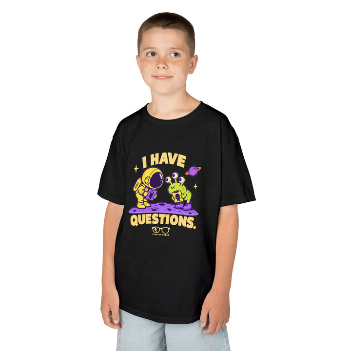 I Have Questions Astronaut Kids Tee by Clan of Nerds