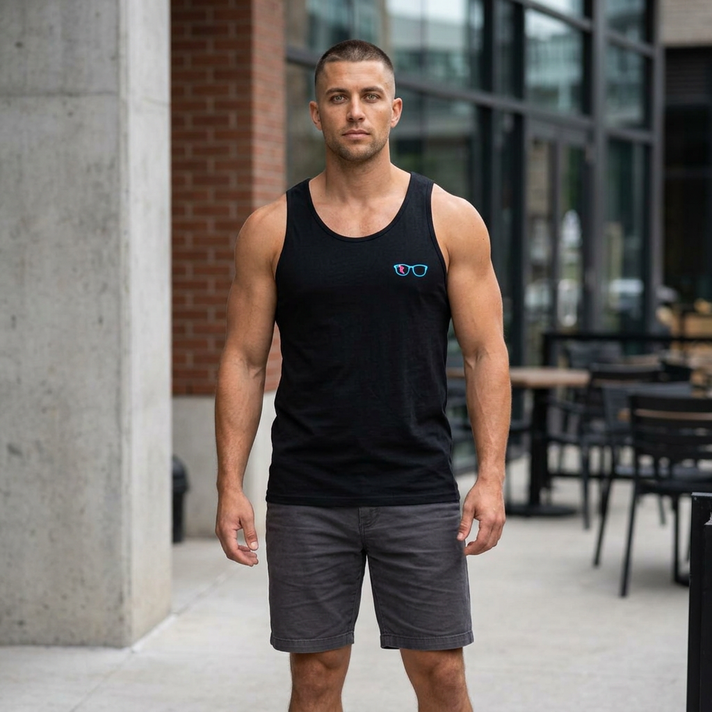 Cyan/Pink Glasses Men’s Tank in Black