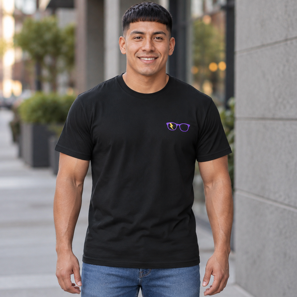 Purple/Yellow Glasses Men’s Tee in Black