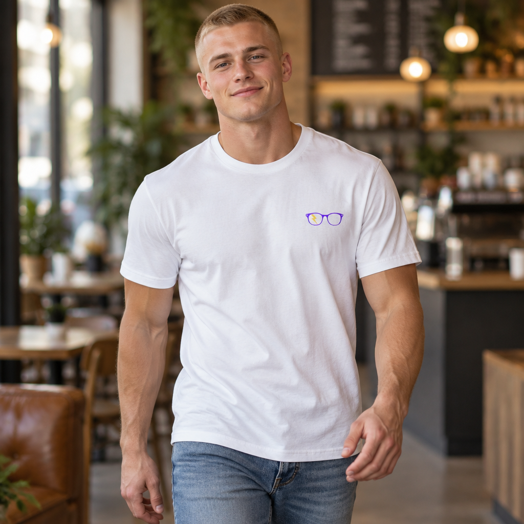 Purple/Yellow Glasses Men’s Tee in White
