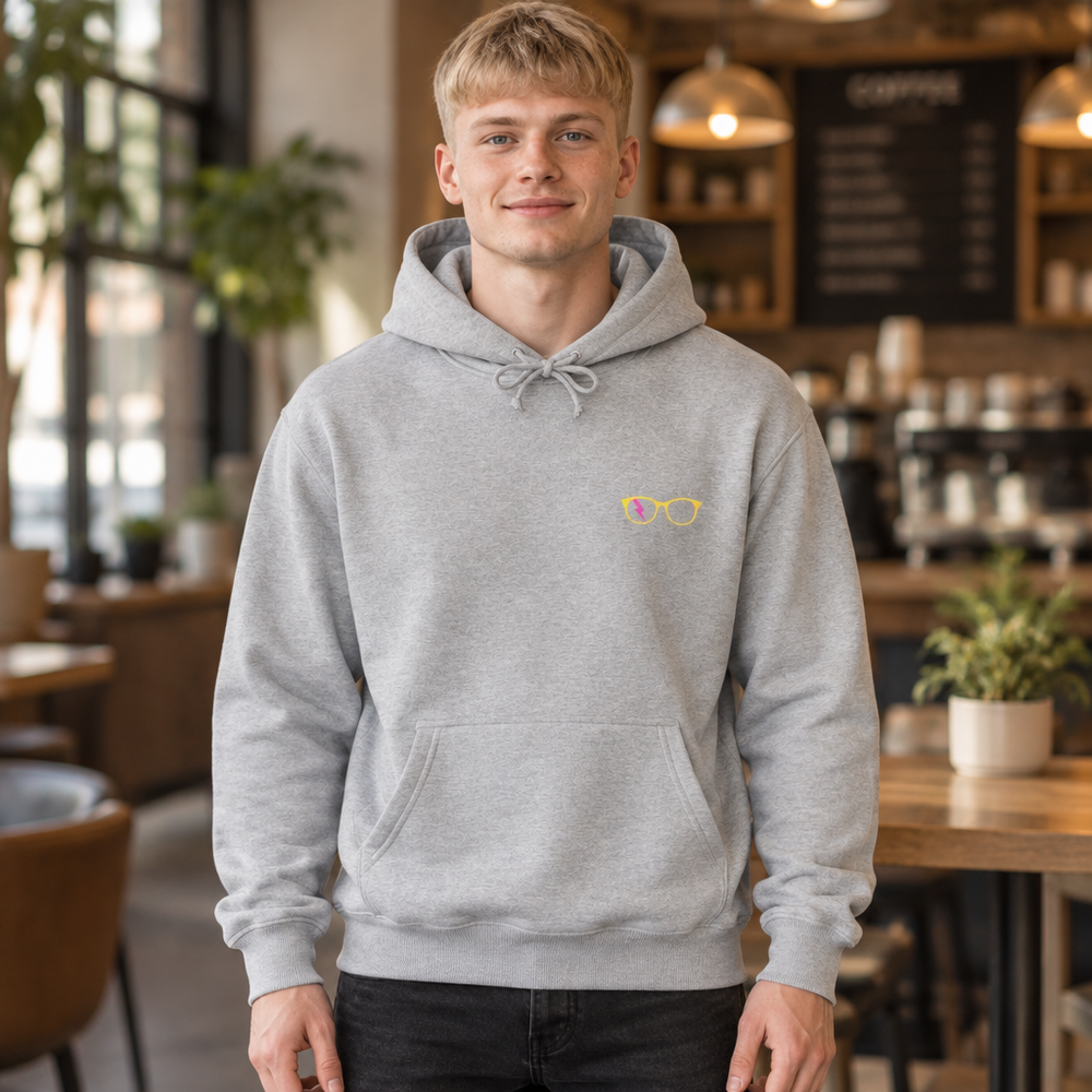 Yellow/Pink Glasses Men’s Hoodie in Grey Heather