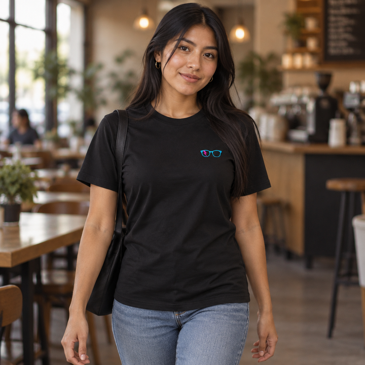 Cyan/Pink Glasses Women’s Tee in Black