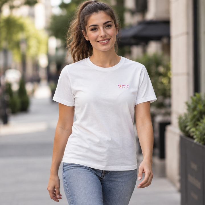 Pink/Orange Glasses Women’s Tee in White