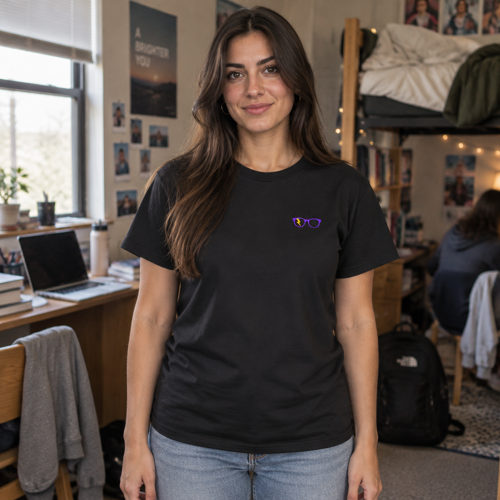 Purple/Yellow Glasses Women’s Tee in Black