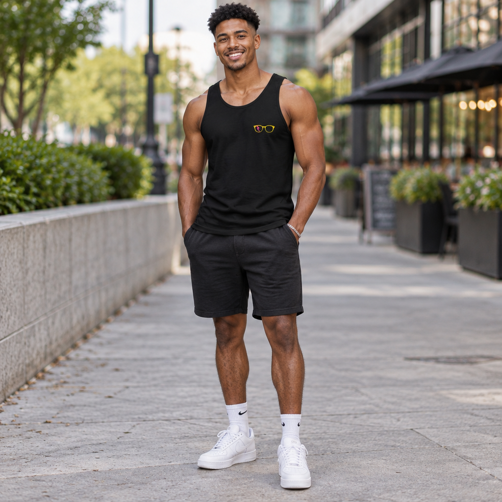 Yellow/Pink Glasses Men’s Tank in Black