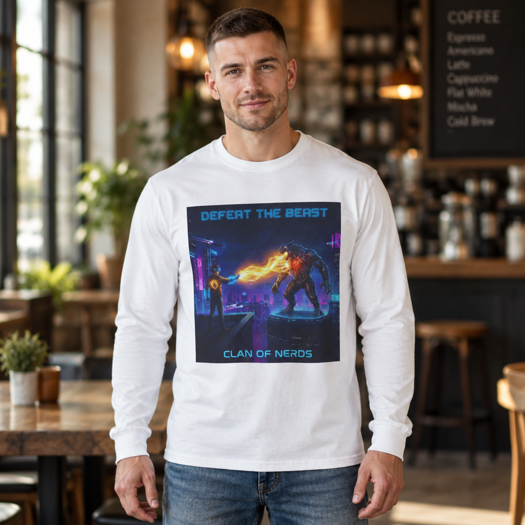 Defeat the Beast Long Sleeve Tee in White