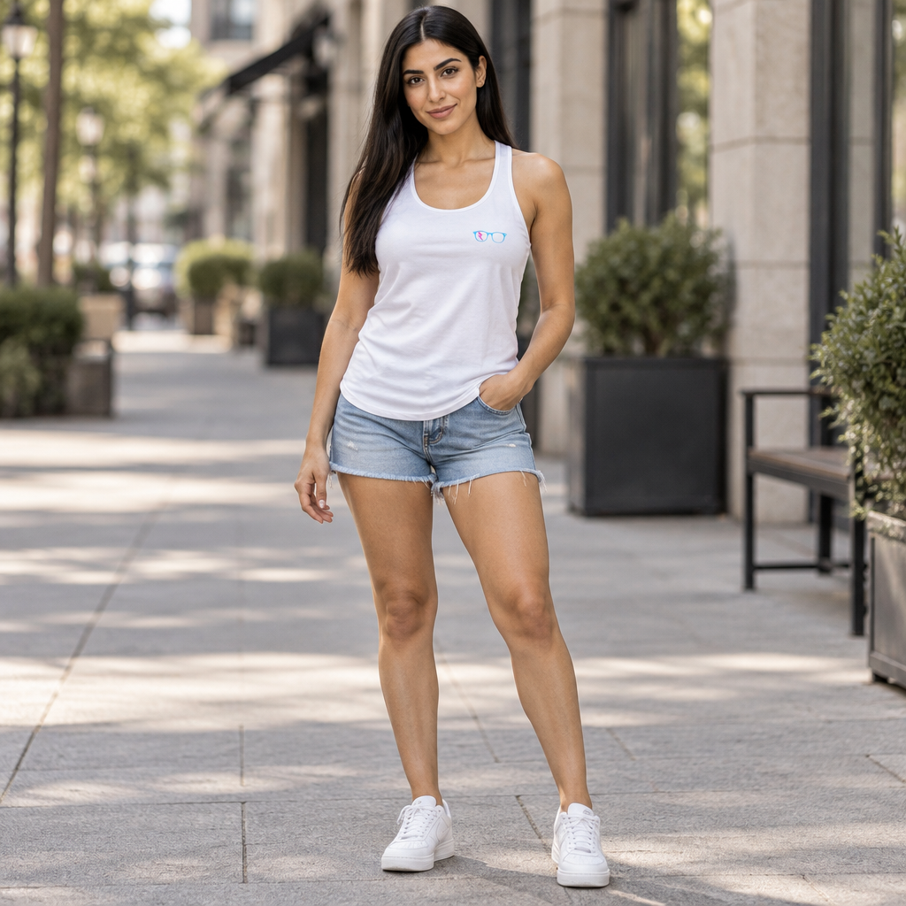 Cyan/Pink Glasses Women’s Tank in Solid White