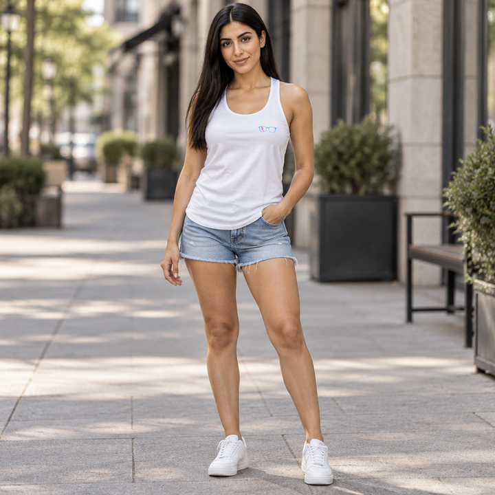 Cyan/Pink Glasses Women’s Tank in Solid White