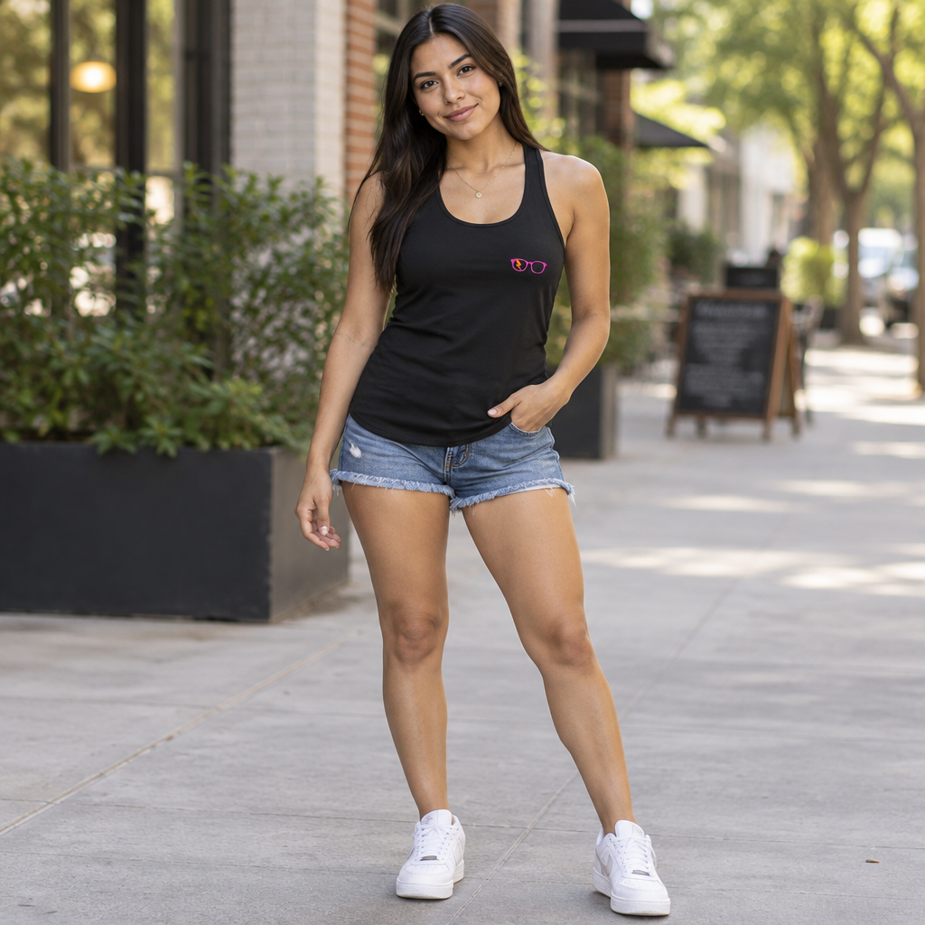 Pink/Orange Glasses Women’s Tank in Solid Black