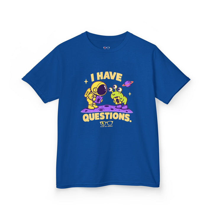 I Have Questions Astronaut Kids Tee by Clan of Nerds