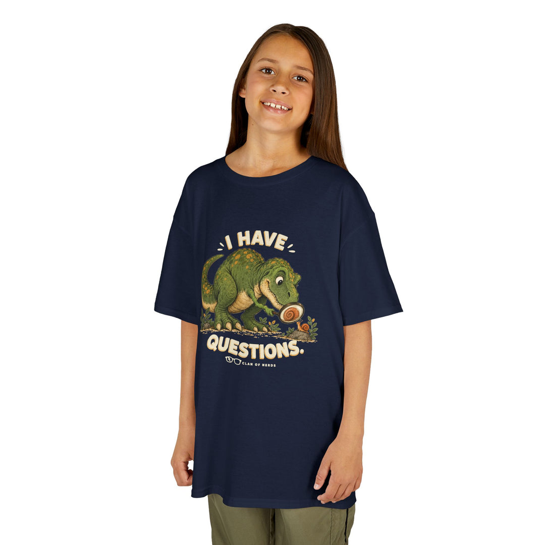 I Have Questions Dinosaur Kids Tee by Clan of Nerds