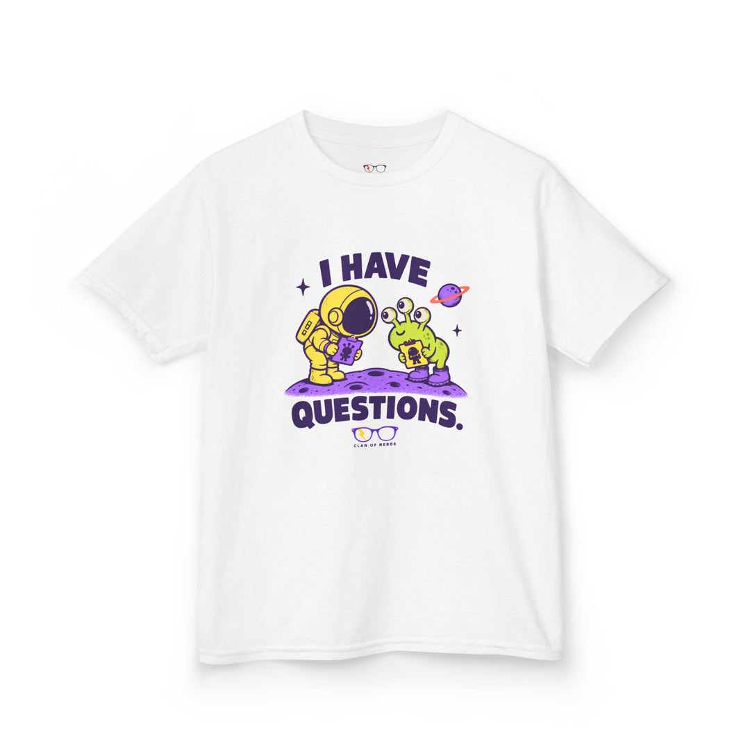 I Have Questions Astronaut Kids Tee by Clan of Nerds