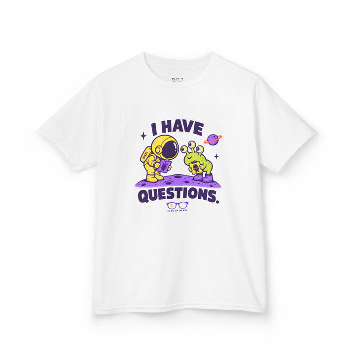 I Have Questions Astronaut Kids Tee by Clan of Nerds