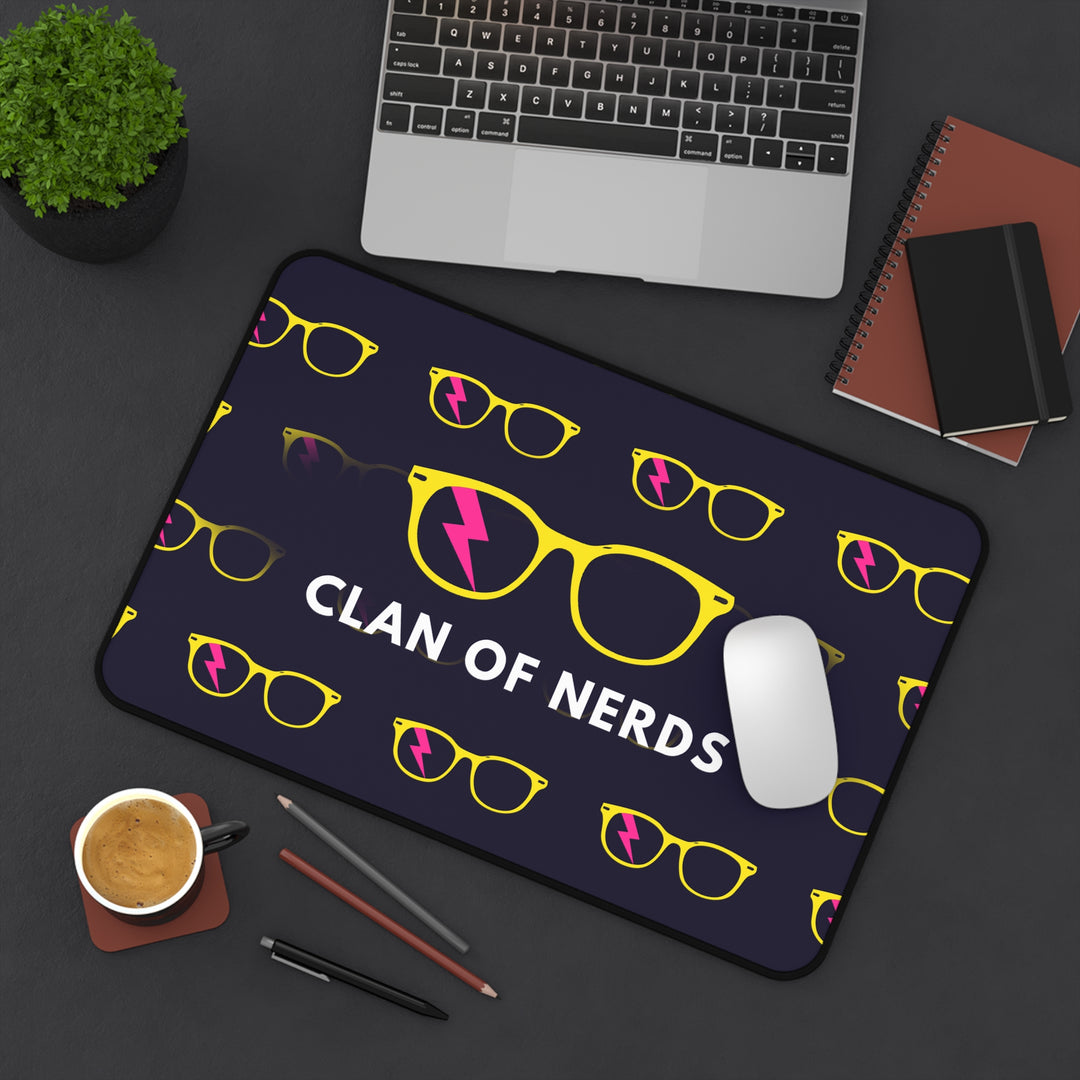 Yellow/Pink Glasses Pattern Desk Mat by Clan of Nerds