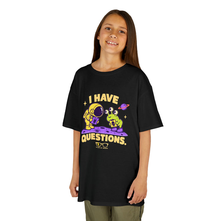 I Have Questions Astronaut Kids Tee by Clan of Nerds