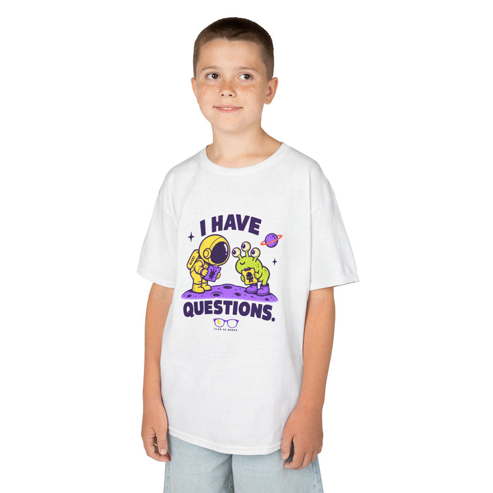 I Have Questions Astronaut Kids Tee by Clan of Nerds