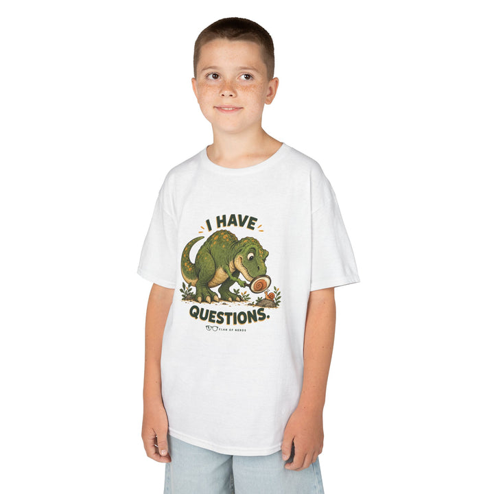I Have Questions Dinosaur Kids Tee by Clan of Nerds