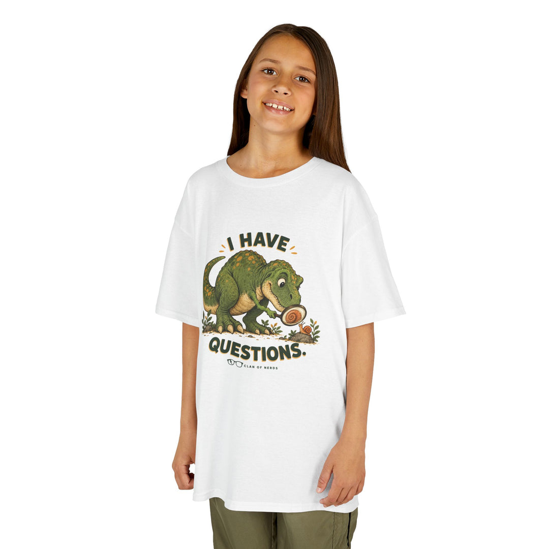 I Have Questions Dinosaur Kids Tee by Clan of Nerds