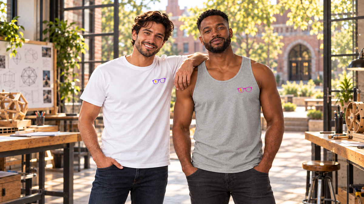 Two men wearing Clan of Nerds tee and tank in a makerspace