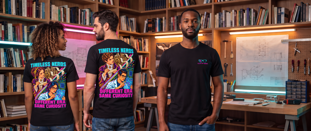 Three models wearing Timeless Nerds tees, including the women's Data and Tech illustration