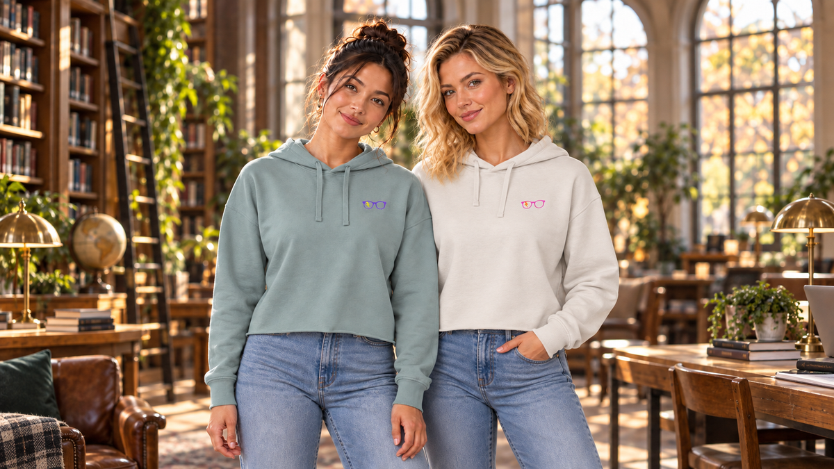 Two women wearing Sage Purple/Yellow and Bone Pink/Orange cropped hoodies in a sunlit library conservatory.